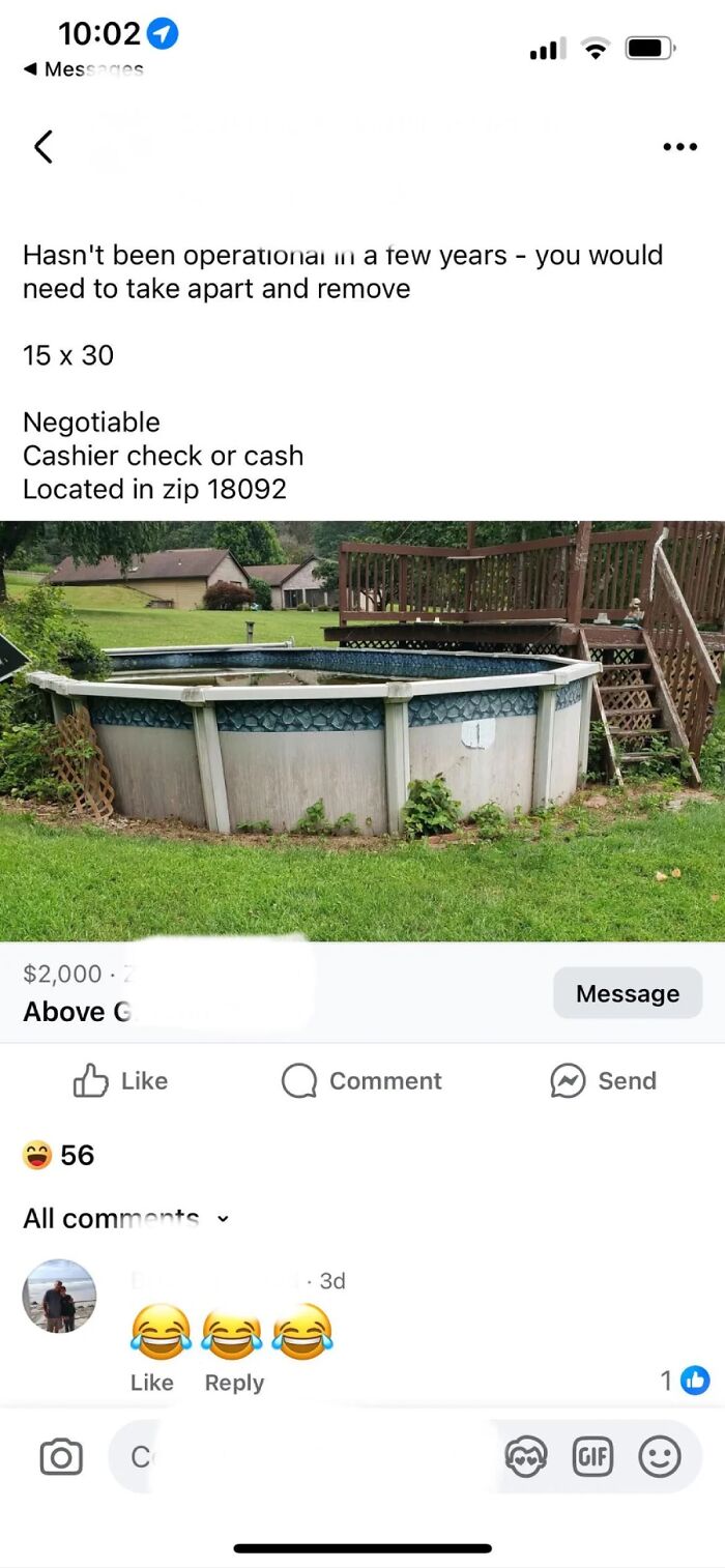 A social media marketplace listing for an above-ground pool, showing an outrageous request for the buyer to disassemble and remove it, demonstrating a misunderstanding of money and value.