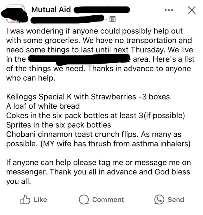 A social media post with an outrageous request for specific grocery items including name-brand cereal and soda, demonstrating a lack of understanding about money.