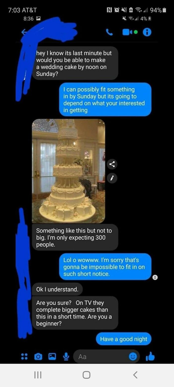 A screenshot of a text message conversation about an outrageous request for a last-minute wedding cake for 300 guests, illustrating people who don't understand how money works.