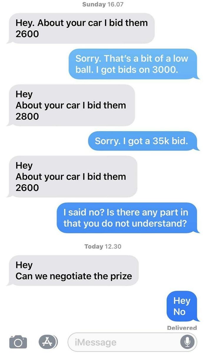 A screenshot of a text message conversation displaying outrageous requests for a car, with the buyer repeatedly making lowball offers, demonstrating people who don't understand how money works.