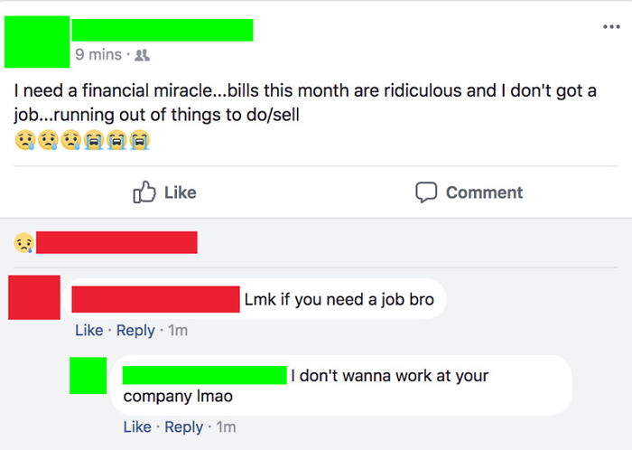 A social media conversation with an outrageous request for a financial miracle and refusal to work for money.