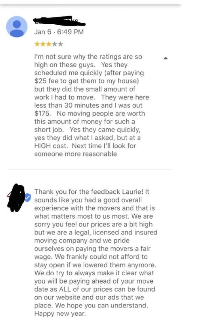 A screenshot of a customer review and a company response showing people not understanding how money works.