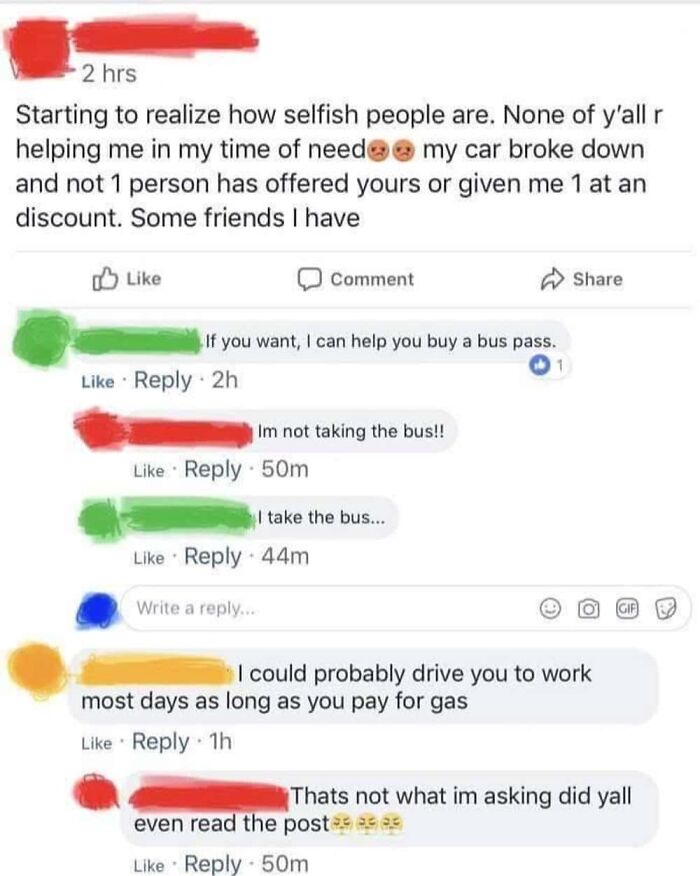 A social media conversation illustrating an outrageous request for a free car after a breakdown.