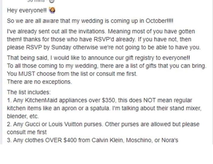 A wedding guest list with outrageous requests for expensive gifts, demonstrating a lack of understanding how money works.