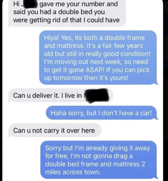 A conversation about a free double bed, highlighting outrageous requests for delivery and how money works.