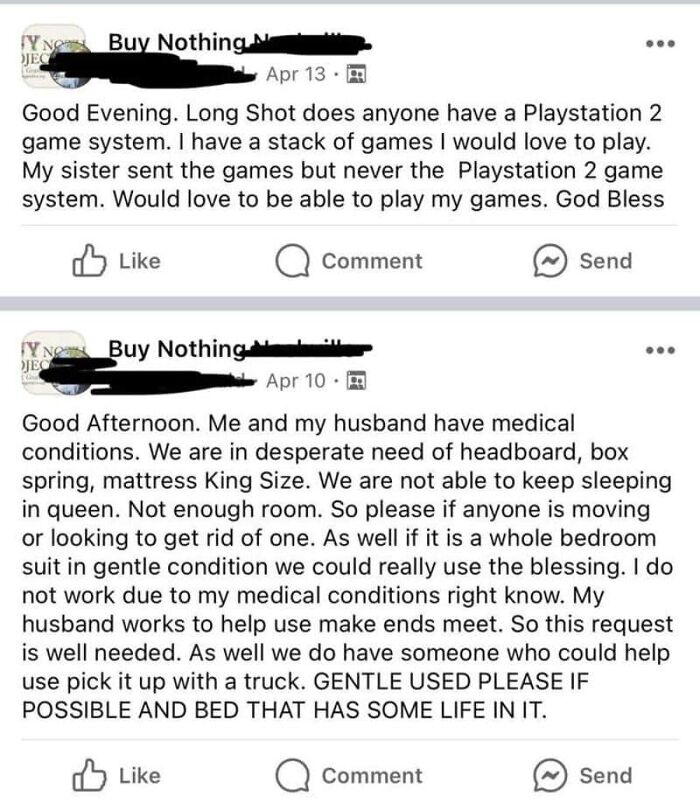A social media post showing outrageous requests for free PlayStation 2 games and a King Size bed.