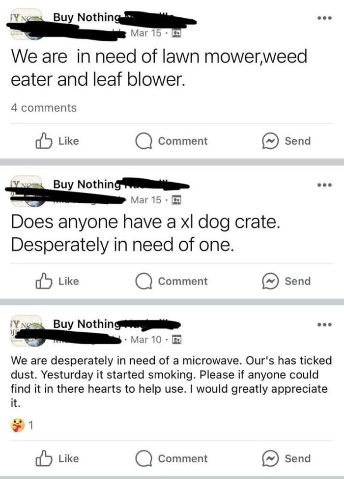 Screenshot of outrageous requests for household items like a lawn mower, dog crate, and microwave, showing how money works.