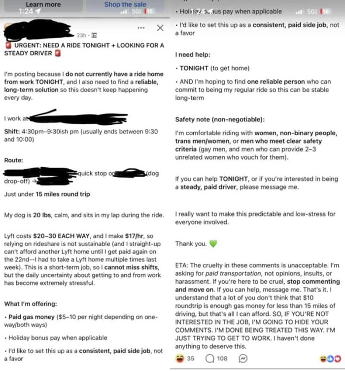 Screenshot of outrageous requests from a person needing a ride and offering low pay, showing how money works.