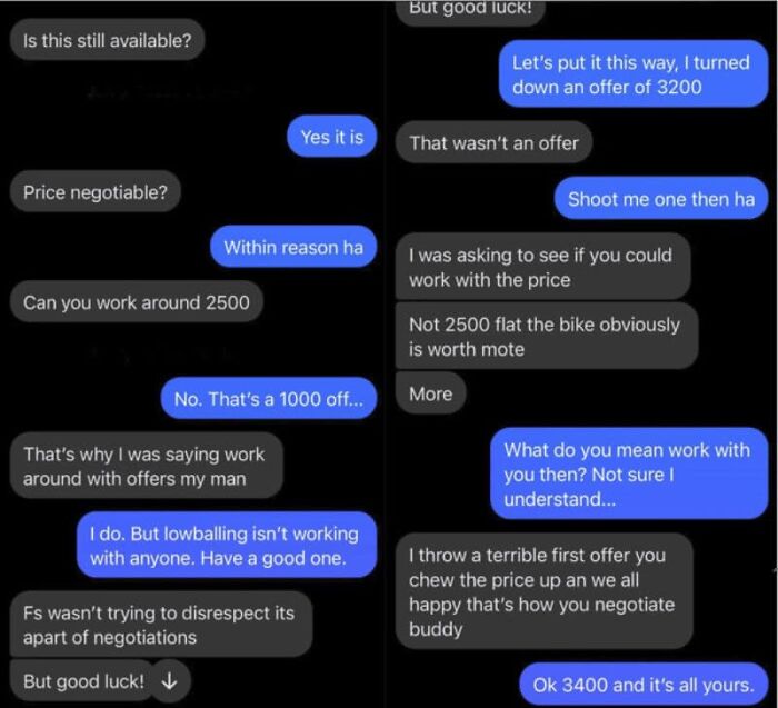 A text message conversation displaying an outrageous request to significantly lowball a negotiation for a bike.