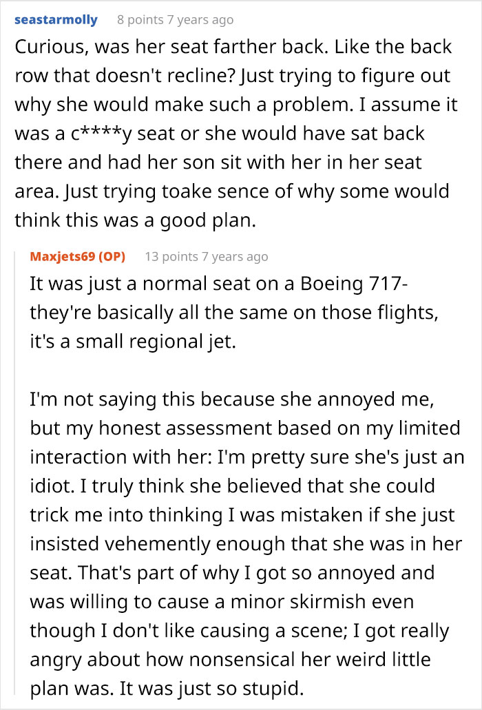 Online comments about the plane seat drama, with a user wondering why the mom made a fuss. Online comments about the plane seat drama, with a user wondering why the mom made a fuss.