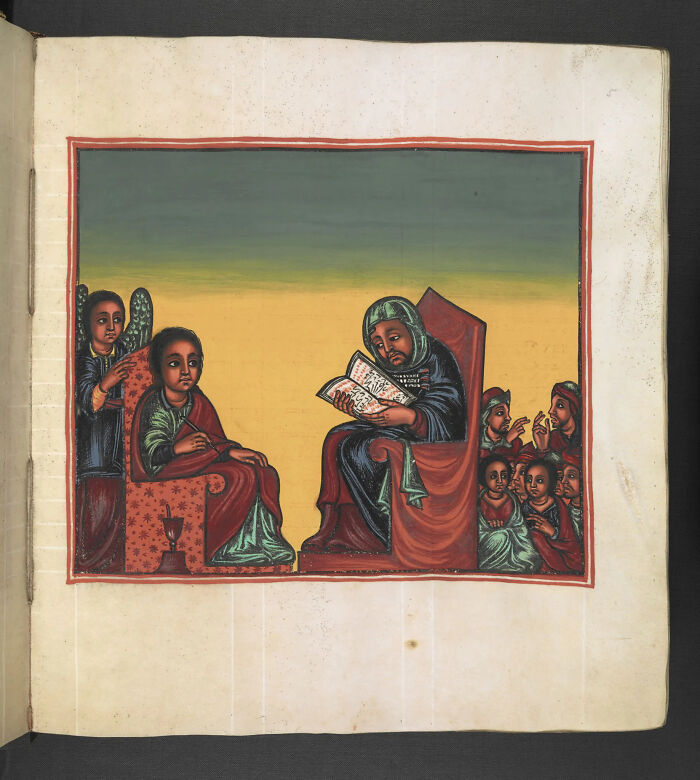 An ancient historical document, a manuscript depicting figures with an open book, one of many valuable historical books.