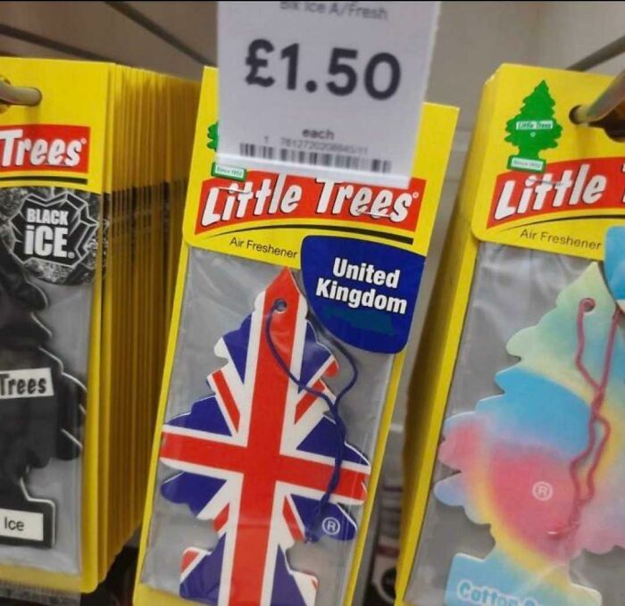 Little Trees car air freshener shaped like a Union Jack, an example of dry British humor.