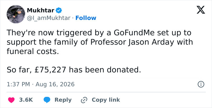 A tweet about a GoFundMe for Professor Jason Arday's funeral costs, triggered by the Cambridge Professor scandal. A tweet about a GoFundMe for Professor Jason Arday's funeral costs, triggered by the Cambridge Professor scandal.