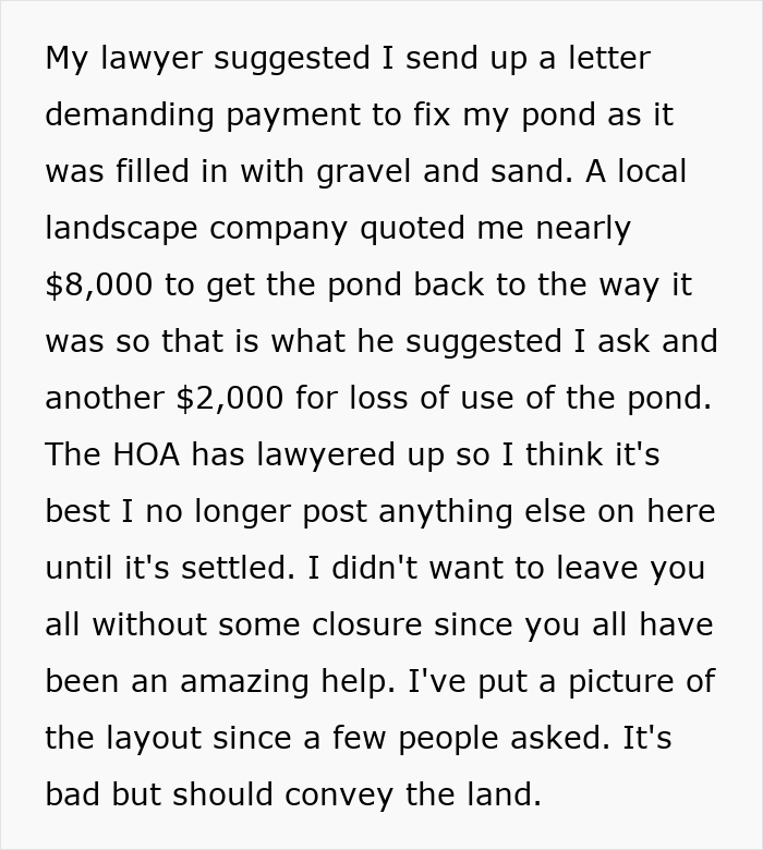 Resident's lawyer suggests demanding payment from the HOA for pond damage and loss of use due to the scheme.
