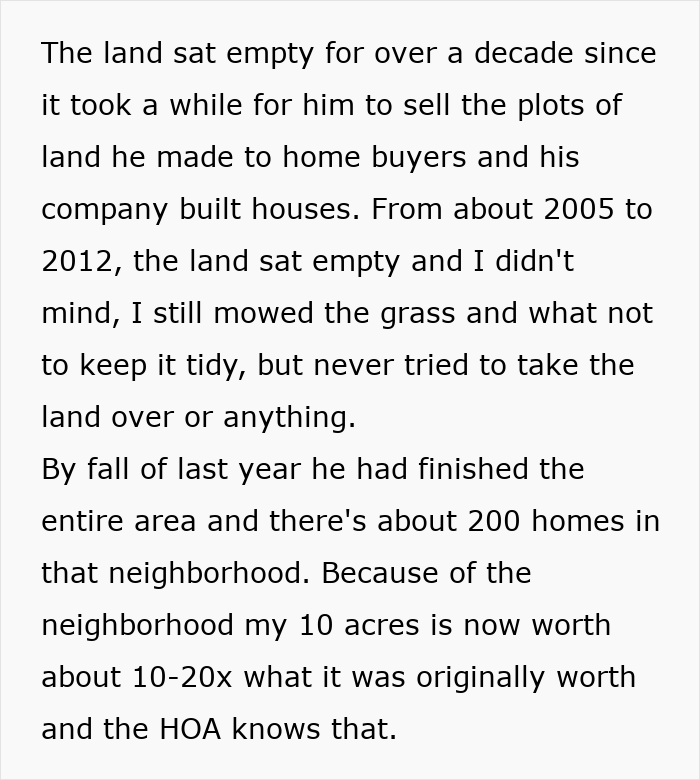 Text explaining how an HOA knows the resident's land value increased, part of a secret scheme.