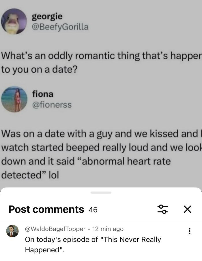 A Twitter post about a romantic date where a smartwatch detected an abnormal heart rate, followed by a comment calling out others for lying.