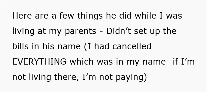 Text explaining how the jobless ex-husband failed to set up bills in his name, highlighting his irresponsible behavior. Text explaining how the jobless ex-husband failed to set up bills in his name, highlighting his irresponsible behavior.