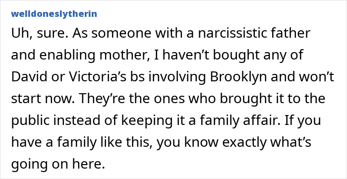A user comment on the excruciating wedding, criticizing the Beckhams family for making it public, citing narcissistic father and enabling mother issues. A user comment on the excruciating wedding, criticizing the Beckhams family for making it public, citing narcissistic father and enabling mother issues.