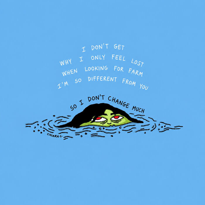 A woman illustrates modern society with a face submerged in water, feeling lost and different, not changing much.