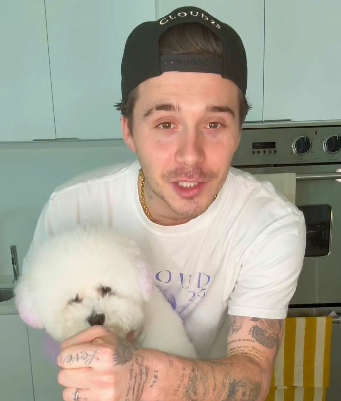 Brooklyn Beckham holding a fluffy white dog while filming a cooking video, looking directly at the camera.