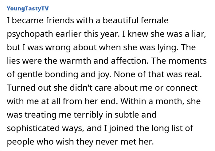 People Terrified After "Female Psychopath" Reveals Her Tactics To Manipulate Men: "I Dated One Of These" People Terrified After "Female Psychopath" Reveals Her Tactics To Manipulate Men: "I Dated One Of These"