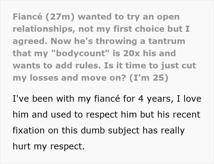 Screenshot of text about a fiancé suggesting an open relationship but can't handle the woman's past. Screenshot of text about a fiancé suggesting an open relationship but can't handle the woman's past.