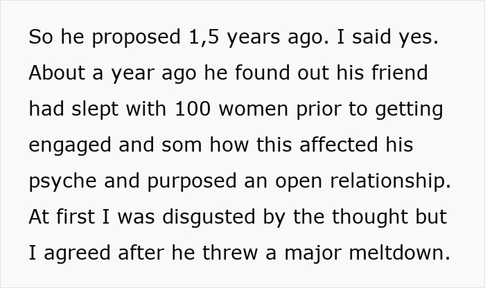 Screenshot of text explaining how a man proposed an open relationship after hearing about a friend. Screenshot of text explaining how a man proposed an open relationship after hearing about a friend.