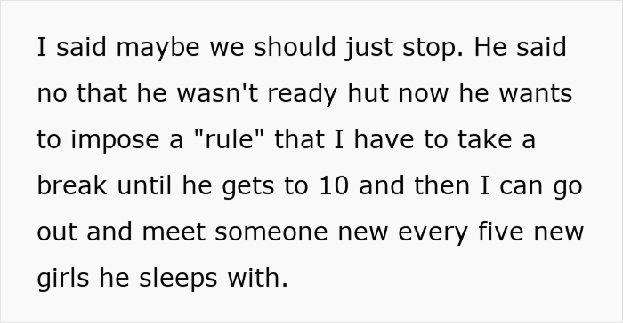 Text detailing a man's rules for an open relationship, showing he can't handle it. Text detailing a man's rules for an open relationship, showing he can't handle it.