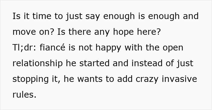 A screenshot of a text message discussing a man who suggests an open relationship then can't handle it. A screenshot of a text message discussing a man who suggests an open relationship then can't handle it.