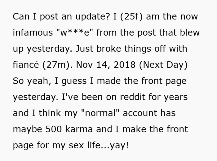 An update post from a woman who suggested an open relationship, announcing she broke things off with her fiancé after becoming infamous. An update post from a woman who suggested an open relationship, announcing she broke things off with her fiancé after becoming infamous.