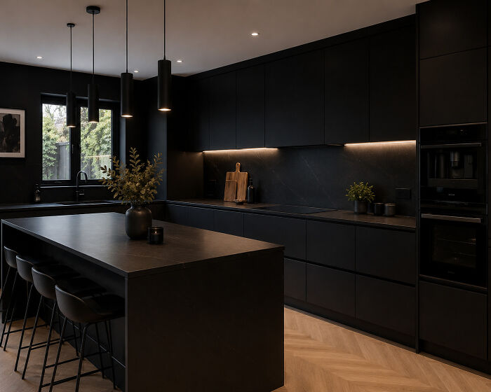 A modern all-black kitchen with an island and pendant lights, highlighting stylish home design choices.