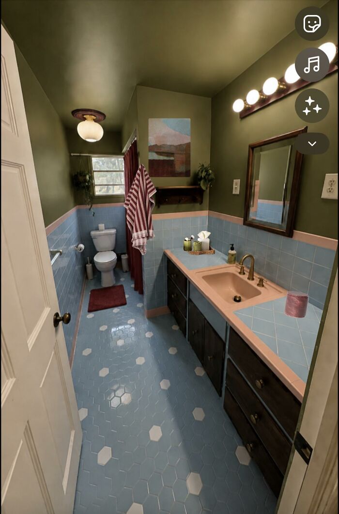 A retro bathroom home design with green walls, blue and pink tiles, a pink sink, and a toilet.