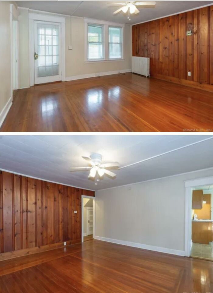 Before and after photos of a room with wood paneling and hardwood floors, showcasing home design choices.