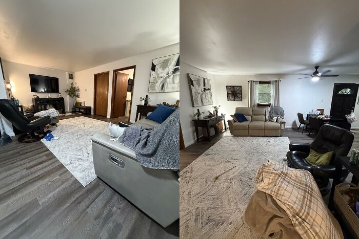 A split image displaying two views of a living room with light-colored rugs, couches, and a TV, for honest opinions on home design choices.