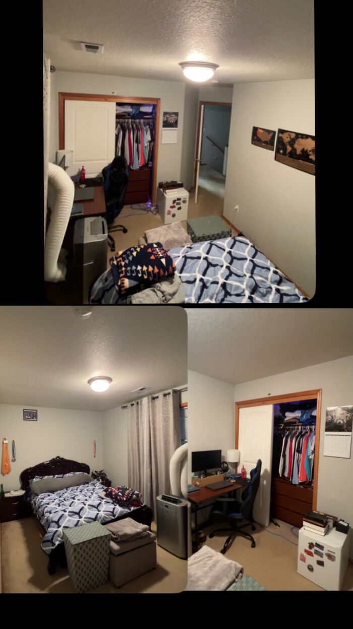 A split image showing a messy bedroom before home design choices and a tidier room after, for honest opinions.