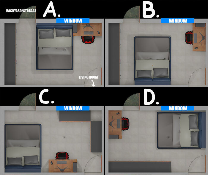 Multiple home design choices for a bedroom layout, showing different furniture placements for honest opinions.