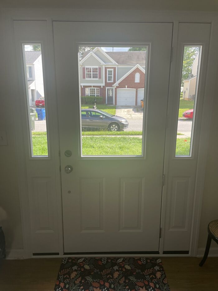 Front door with glass panels revealing a view of a suburban street and another house as part of home design choices.