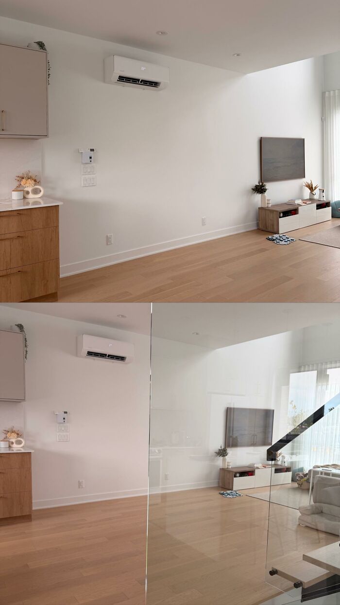 Before and after home design choices showcasing a bright living space, with a large TV added in the second image.