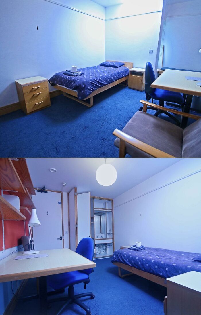 Two contrasting home design choices for a bedroom, one with blue carpet and simple furniture, the other with a wooden desk.