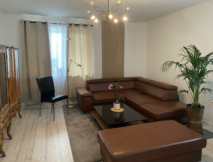 A spacious living room with brown leather sectional sofa, glass coffee table, and tall green plant, showcasing home design choices.