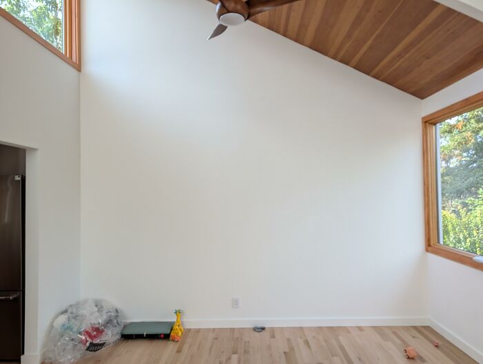 A spacious room with a sloped wooden ceiling, large windows, and an empty white wall, awaiting home design choices.