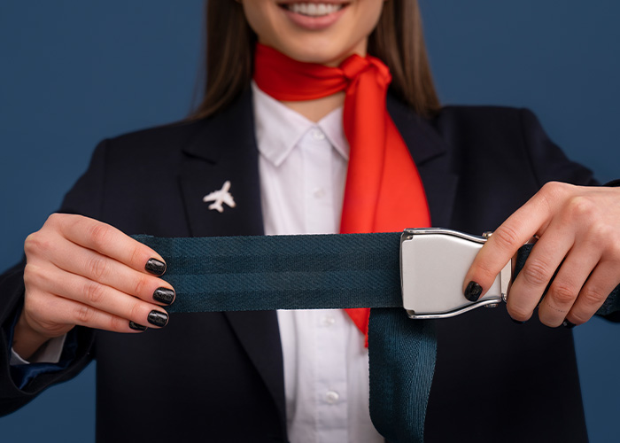 A flight attendant demonstrates fastening a seatbelt, highlighting the importance of the seatbelt for flight safety. A flight attendant demonstrates fastening a seatbelt, highlighting the importance of the seatbelt for flight safety.