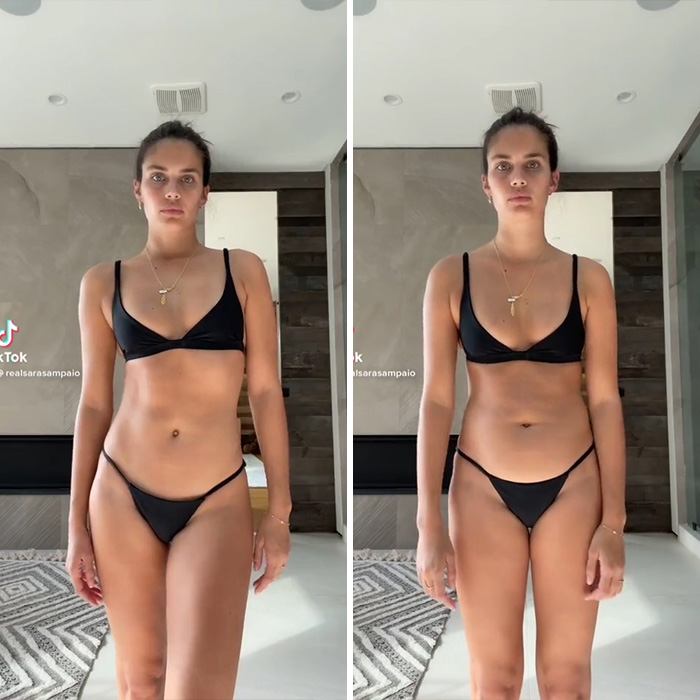 Sara Sampaio in a side-by-side comparison, proving perfect Instagram bodies are about angles and lighting. Sara Sampaio in a side-by-side comparison, proving perfect Instagram bodies are about angles and lighting.