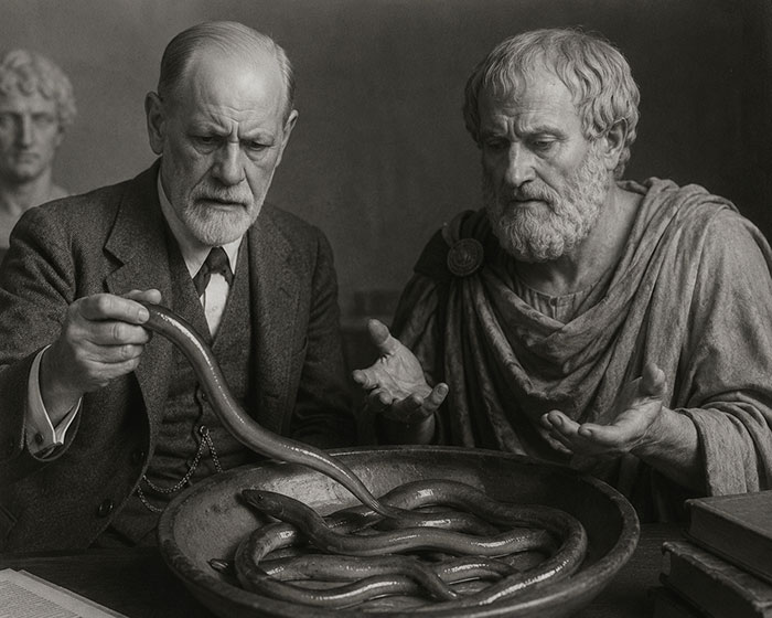 A black and white image shows Sigmund Freud and Aristotle examining an eel in a bowl, representing the enduring scientific mystery of eels.