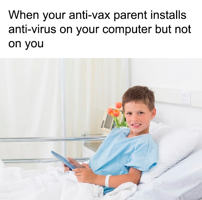 A young boy in a hospital bed smiling with a tablet, a humorous doctor meme about anti-vax parents.