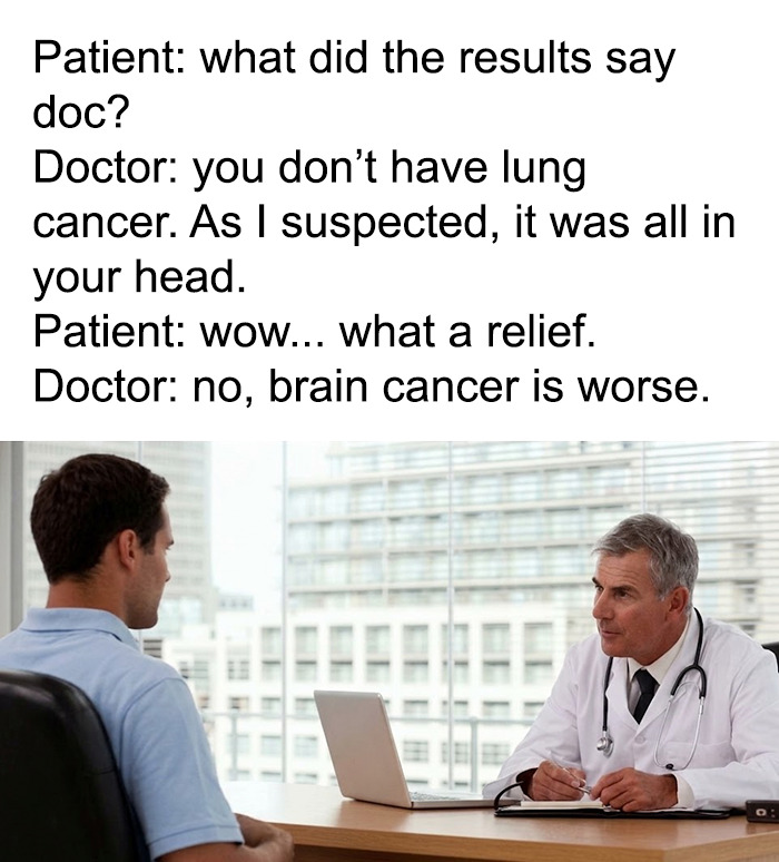 A doctor meme showing a humorous dialogue between a doctor and patient about cancer diagnosis.