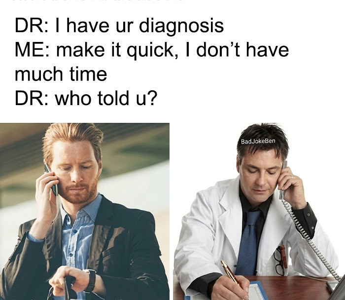 A meme for doctors showing a man checking his watch and a doctor on the phone writing notes.