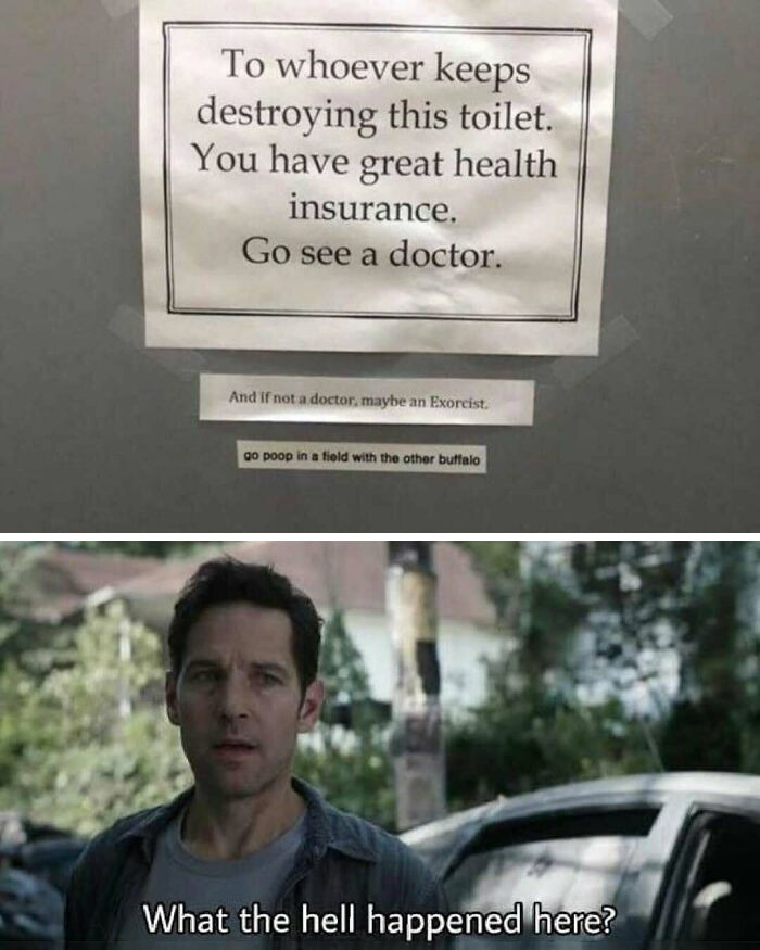 A meme with a sign telling someone to see a doctor for destroying the toilet, and Paul Rudd asking, What the hell happened here?, is great for doctors.