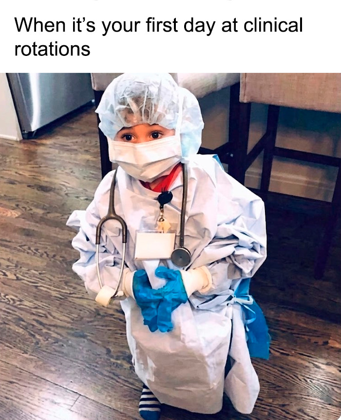 A little kid dressed in oversized doctor scrubs for clinical rotations, a funny doctor meme.