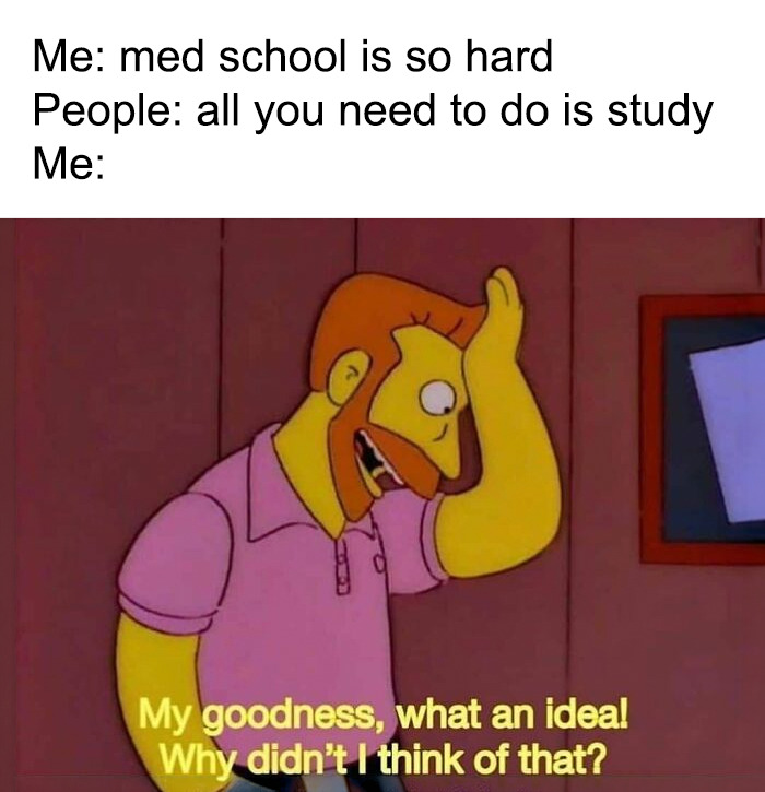 A Homer Simpson meme about med school struggles, ideal for doctor memes.